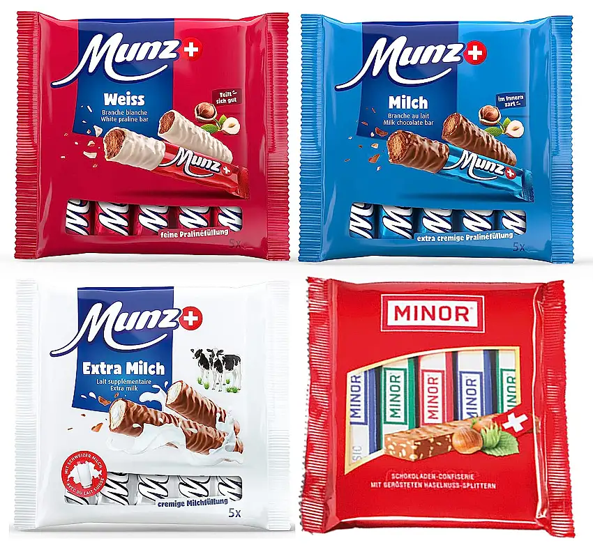 MINOR MUNZ Schokoladen Riegel Set | 20 Schokoriegel | 5 x Extra Milch, 5 x Classic, 5 x Milch, 5 x Weiße Schokolade | Prügeli, Branches, Praliné aus der Schweiz