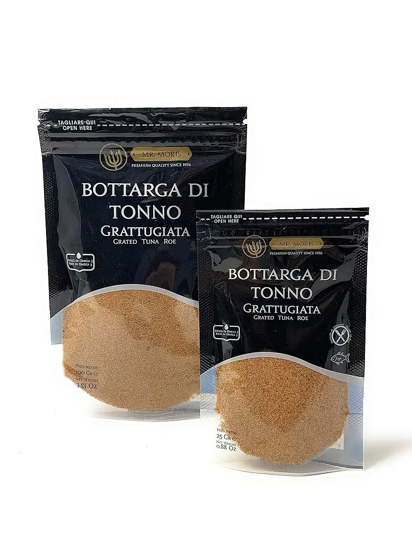 Mr Moris Thunfisch-Rogen Powder Premium Quality Bottarga Kosher (Thunnus Albacares Rogen Pulver) im Beutel (25Gr)