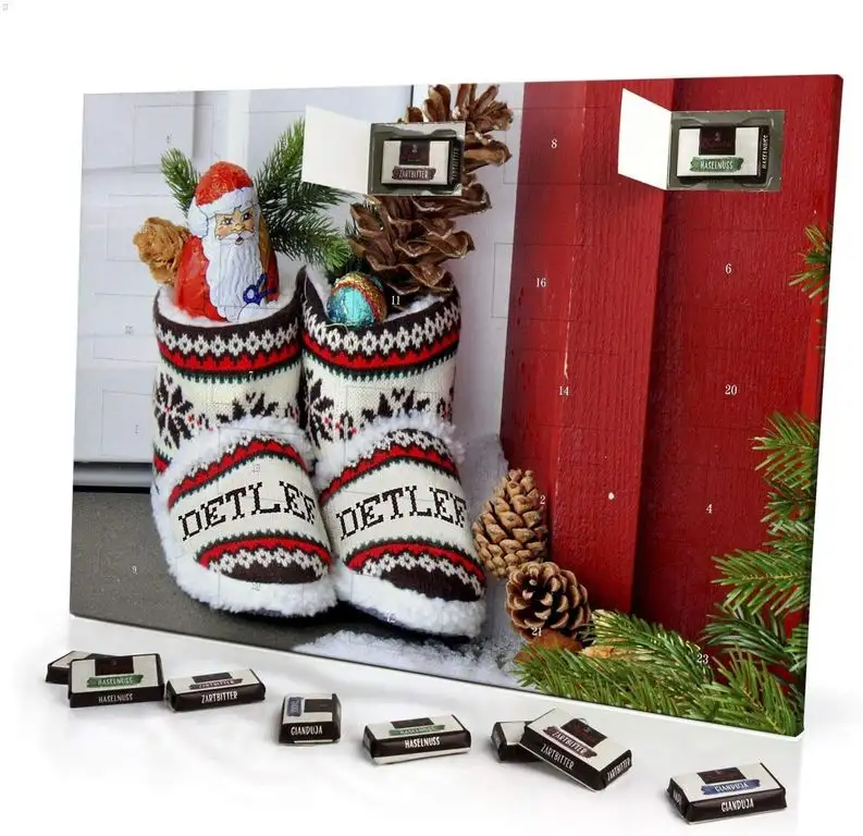 printplanet - Adventskalender mit Namen Detlef - gefüllt mit Schokoladen-Füllung - personalisiert mit Namens-Motiv Weihnachtsschuhe - Schoko-Kalender, Weihnachtskalender, Namenskalender