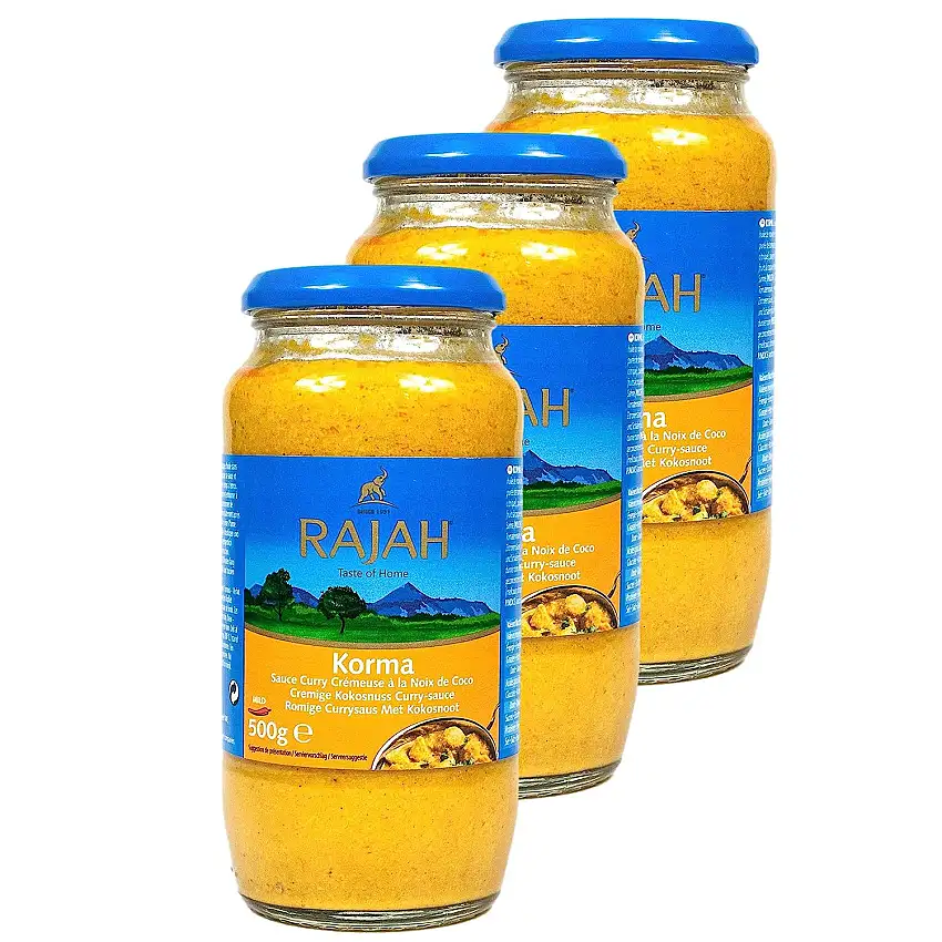 Rajah Korma - 3er Pack Cremige Kokosnuss Currysauce á 500 g - Mittelscharfe indische Curry Sauce Fertigsauce