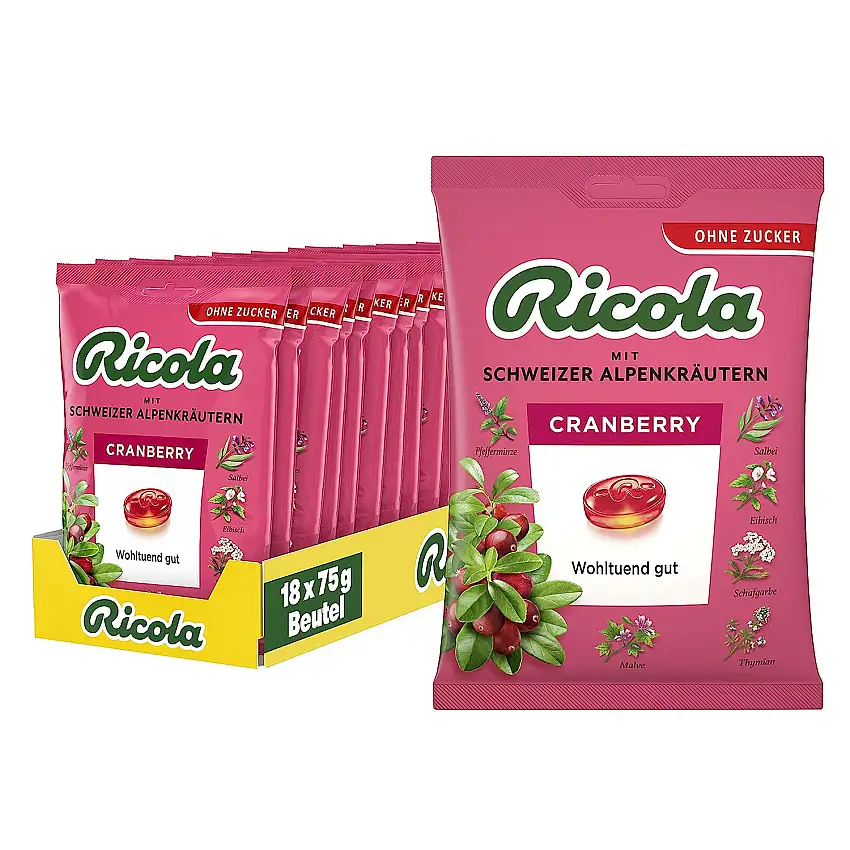 Ricola Cranberry, 18 Beutel original Schweizer Kräuter-Bonbons mit 13 Alpenkräutern & erfrischend-fruchtiger Cranberry, zuckerfrei, 18 x 75g