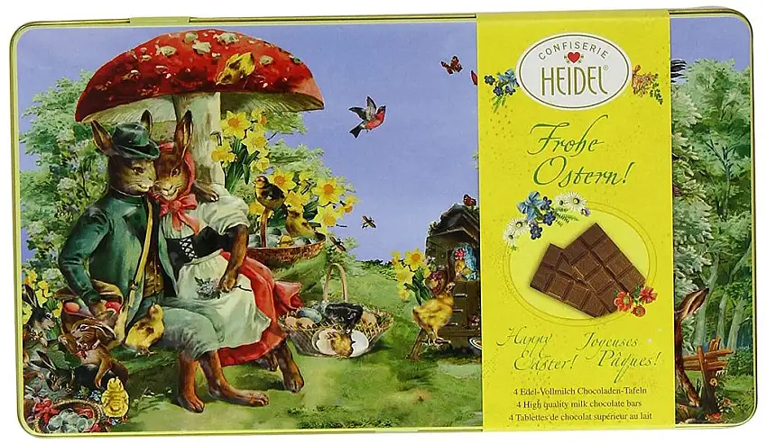 Confiserie Heidel Oster-Schmuckdose mit Edelvollmilch-Täfelchen, 1er Pack (1 x 120 g Dose)