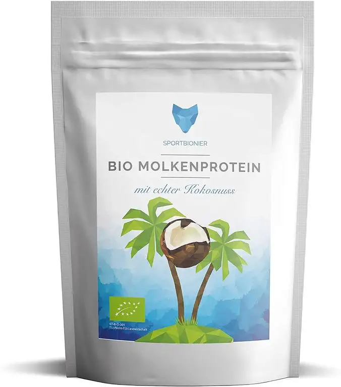 SPORTBIONIER Bio Whey Protein Pulver I Sportnahrung Eiweißpulver I Hochwertiges Proteinpulver ohne Zusatzstoffe 100 Prozent reines Naturprodukt I Whey Protein mit echter Kokosnuss 500g