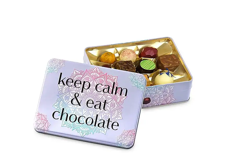 Präsentdose "keep calm and eat chocolate" 125g, Manufakturqualität!, handgefertigt von den Konditoren der Confiserie Rabbel...für ein Lächeln mehr am Tag