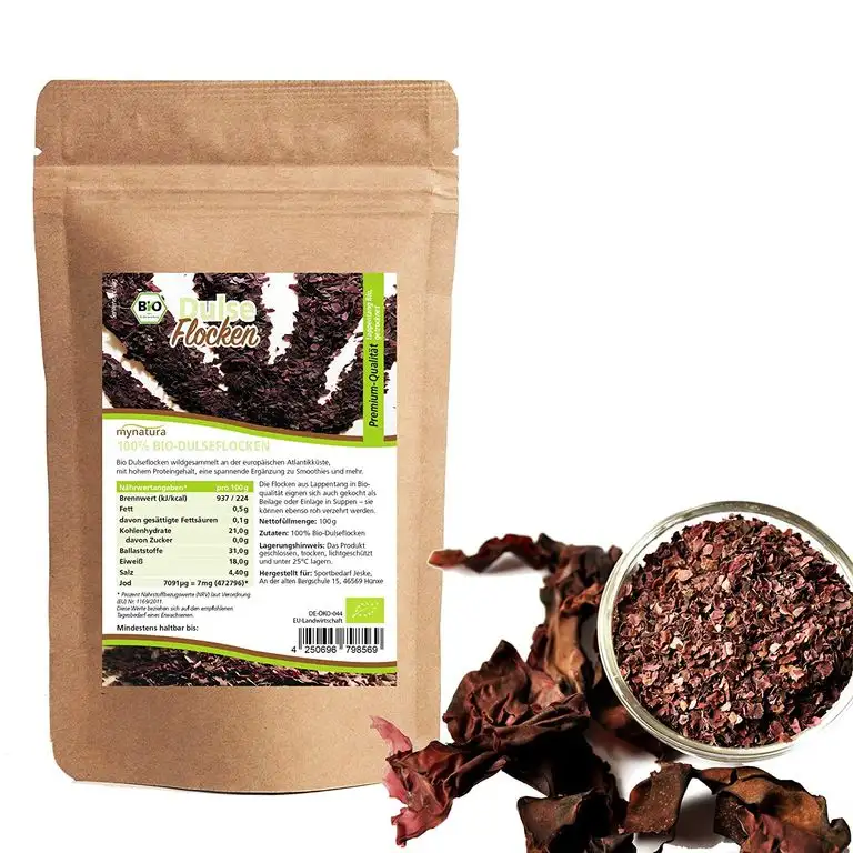Mynatura Bio Dulse Flocken 50g I Lappen-Tang I Getrocknet I Algen I Wildsammlung I Rotalge I Eiweiß I Rohkostqualität I DE-ÖKO-044 I (50g)