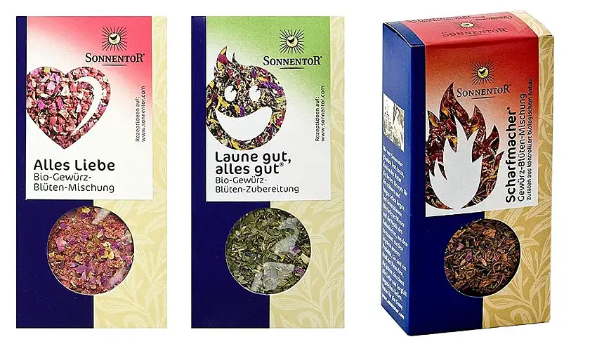 Sonnentor - 3er Bio Gewürz-Blüten-Mischung - Laune gut, alles gut (25 g) und Alles Liebe (40 g) und Scharfmacher (30 g)