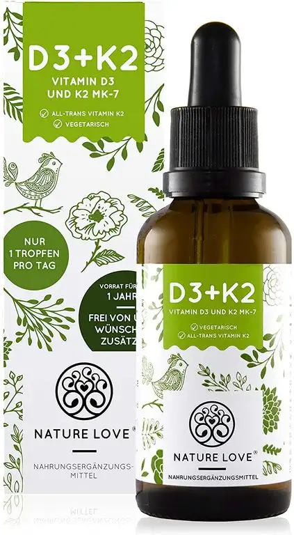 NATURE LOVE® Vitamin D3 + K2 (50ml flüssig) - Hoch bioverfügbar durch Original VitaMK7® 99,7% All-Trans + laborgeprüfte 1000 I.E. Vitamin D3 pro Tropfen - Hochdosiert, in Deutschland produziert