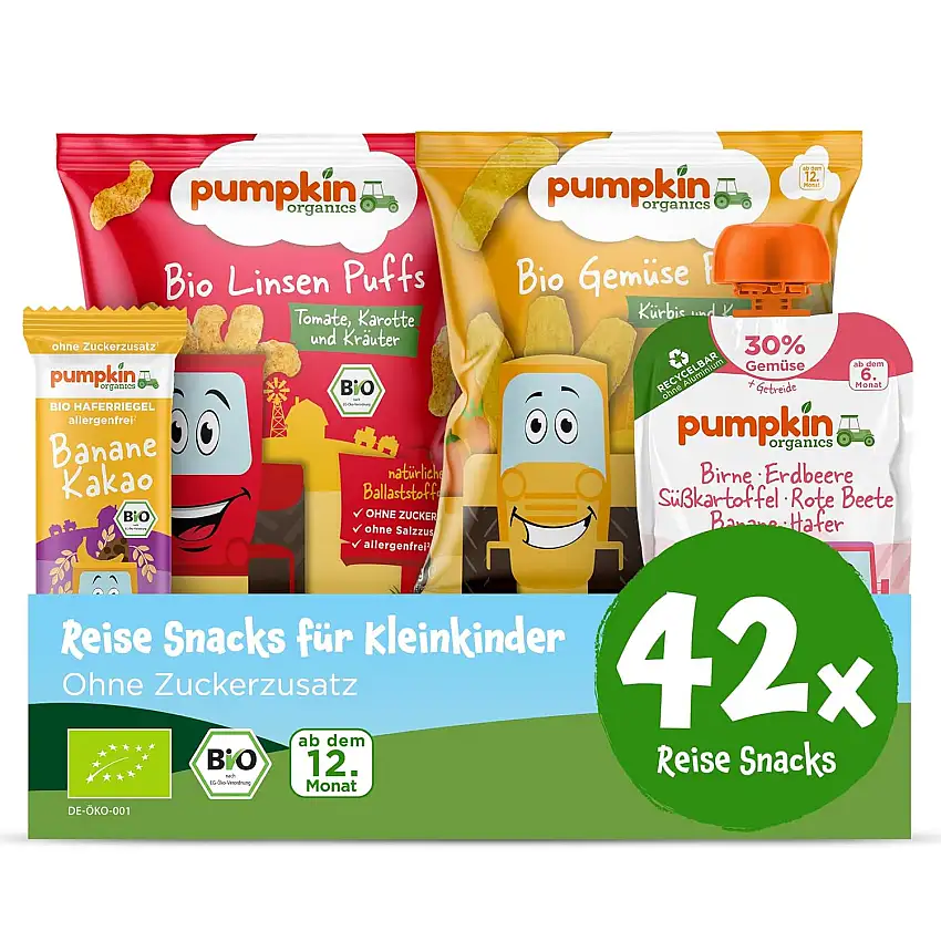 Pumpkin Organics Reise-Snacks für Kleinkinder ab dem 12. Monat - Bio Gemüse-Quetschies, Bio Knusper-Snacks und Bio-Haferriegel ideal für unterwegs, das Handgepäck, Flugzeug oder Zug ohne Zusatzstoffe