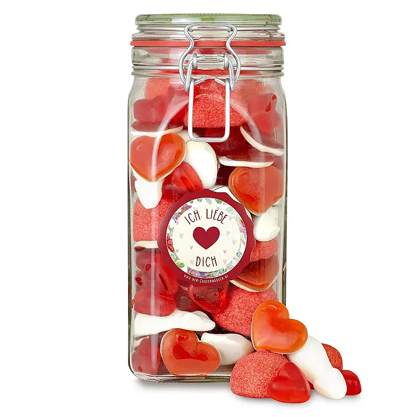 Liebesglas, ein großes Bügelglas voller Liebe - rot-weißer Süßigkeiten-Mix aus Fruchtgummi und Schaumzucker, ein süßes Geschenk zum Jahrestag und Valentinstag für Deine(n) Liebsten