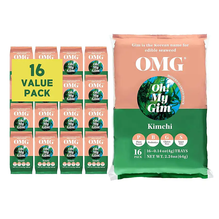 [16 Pack] Oh! My Gim Seaweed Snack, Kimchi, Vegan Gesunde Seetang Snacks, Südkorea Premium Getrocknete Algen Chip, Trockenes Gemüse Seealgen Chips, Koreanische Lebensmittel