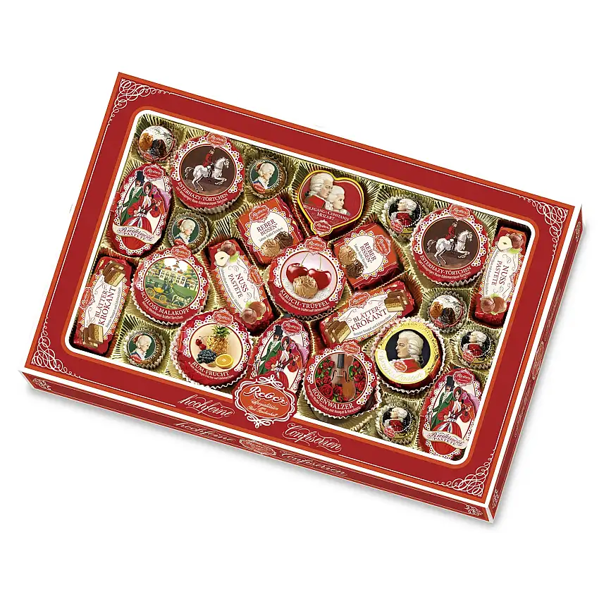 Reber Spezialitäten-Kassette – 25 hochfeine Reber Klassiker – Mit Pralinen, Echten Mozart-Kugeln, Constanze Mozart-Kugeln, Marzipan, Pasteten und Nougat