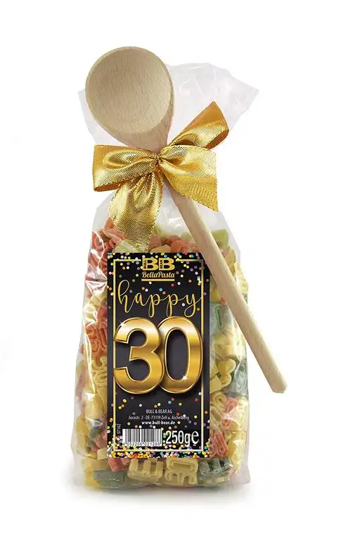 Pasta Präsent Happy 30 mit bunten Zahl-Nudeln handgefertigt in deutscher Manufaktur