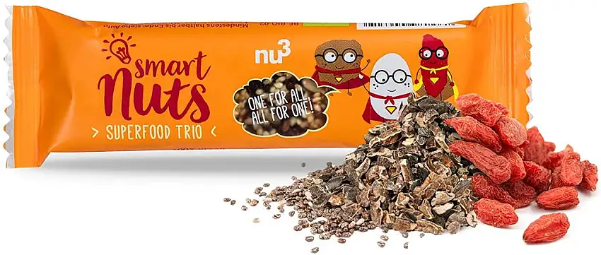 nu3 Bio Superfood Trio Riegel, 15 x 40 g - Der leckere Superfood-Riegel als Oatsnack - Vegane und gesunde Süßigkeiten mit Chia-Samen, Goji-Beeren und Kakao-nibs