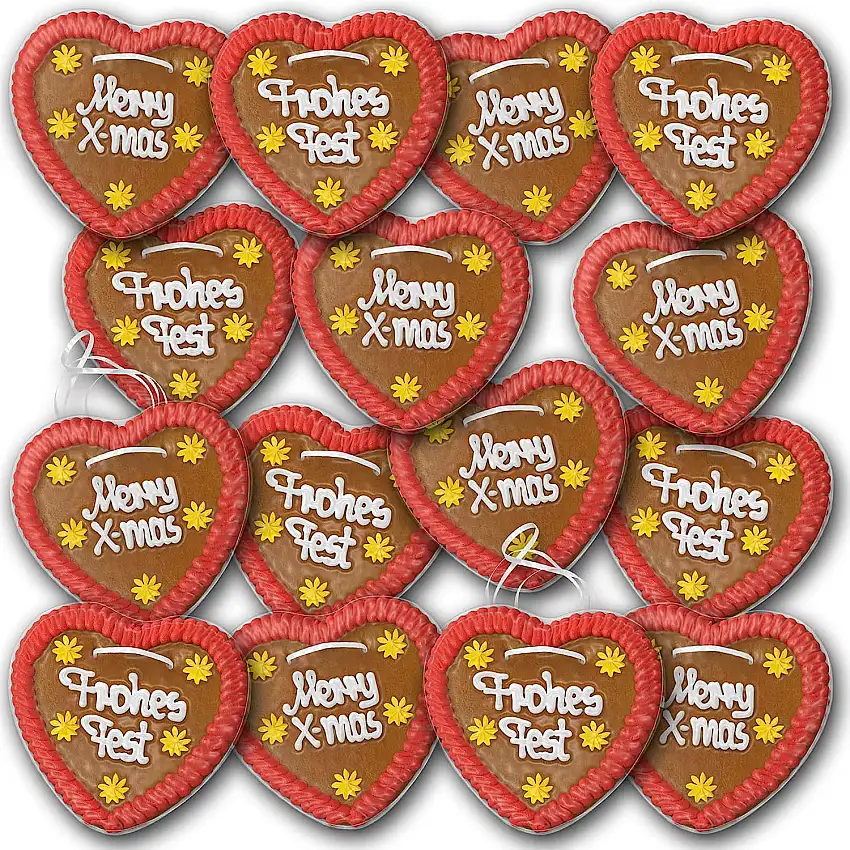 Weihnachts Lebkuchen 10 Stück mit Frohes Fest und Merry X-mas beschriftet 14cm groß. Original frische Lebkuchenherzen aus München. Lebkuchen günstig kaufen | Konditorei Zuckersucht