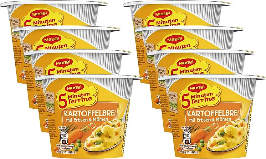 Maggi 5 Minuten Terrine Kartoffelbrei mit Erbsen und Möhren, 43g Becher, 1 Portion, 8er Pack (8 x 43 g)