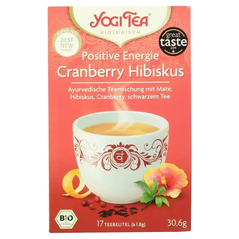 Yogi Tea Bio Positive Energie Cranberry Hibiskus Ayurvedische Teemischung mit Mate, Hibiskus, Cranberry und schwarzem Tee, 17 Beutel, 30.6 g