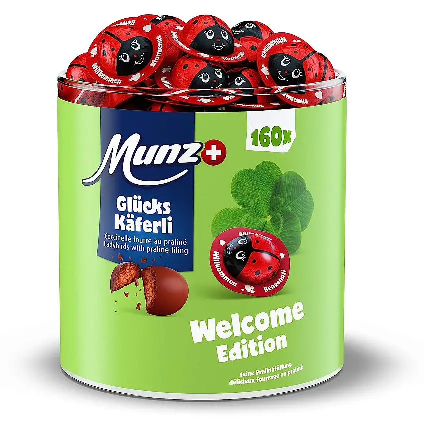 Munz Glückskäfer "WILLKOMMEN" | Schweizer Schokolade | Milchschokolade | Schokoladenkäfer | 100% natürlich | Dose ca. 160 Stück | 800 g Großpackung | Ideal für Hotellerie und Tagungen