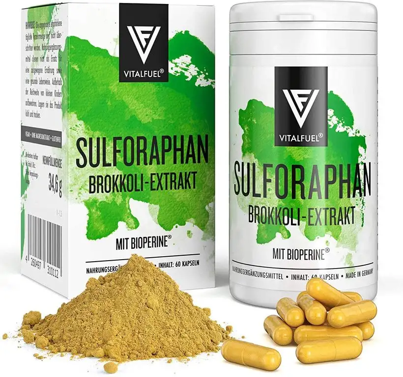 Vitalfuel® Sulphoraphan Kapseln hochdosiert | Brokkoli Extrakt & Brokkolisprossen - mit Bioperine® & bioaktivem Vitamin B12 | VEGAN | 60 Stück Sulforaphan Kapseln