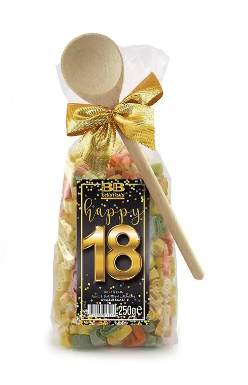 Pasta Präsent Happy 18 mit bunten Zahl-Nudeln handgefertigt in deutscher Manufaktur