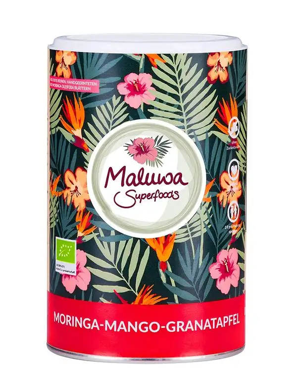 Maluwa Superfoods Bio Moringa Mango Granatapfel Tee ( 120gr - 40 Portionen - natürlicher Bio Blatteee )