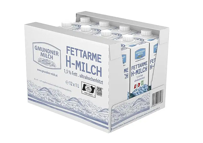 GMUNDNER MILCH Fettarme Haltbarmilch mit 1,5% Fett | inkl. Salzkammergut-Kochbuch | 3 Monate ungekühlt haltbar, 12 x 1 L | Lebensmittel aus Österreich