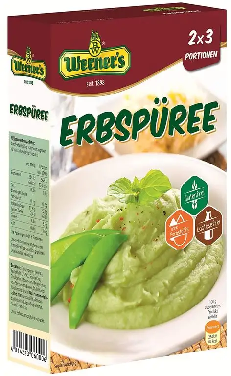 Werner´s Erbspüree 2x3 Portionen, 8 Packungen im Karton, Glutenfrei, laktosefrei, ohne Farbstoffe. Portion (ca. 200 g) entspricht 136,2 kcal Mikrowellengeeignet. Packungsinhalt: 2 x 3 Portionen,