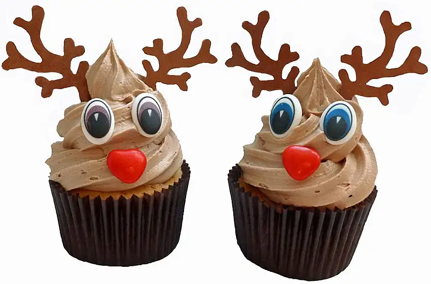 Dekorationset für 6 weihnachtliche Rudolf Cupcakes / Set to decorate 6 Christmas Rudolf Cupcakes, including 6 chocolate noses, 6 pairs of eyes and 6 pairs of antlers