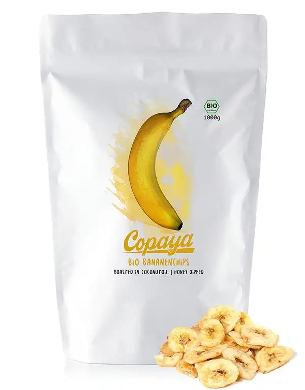 Copaya Bio Bananenchips 1000g, Honey Dipped, Krosse Bananen Chips mit feiner Honig Note im praktischen Aromaschutz Beutel mit Zipper, 1000g (1kg)