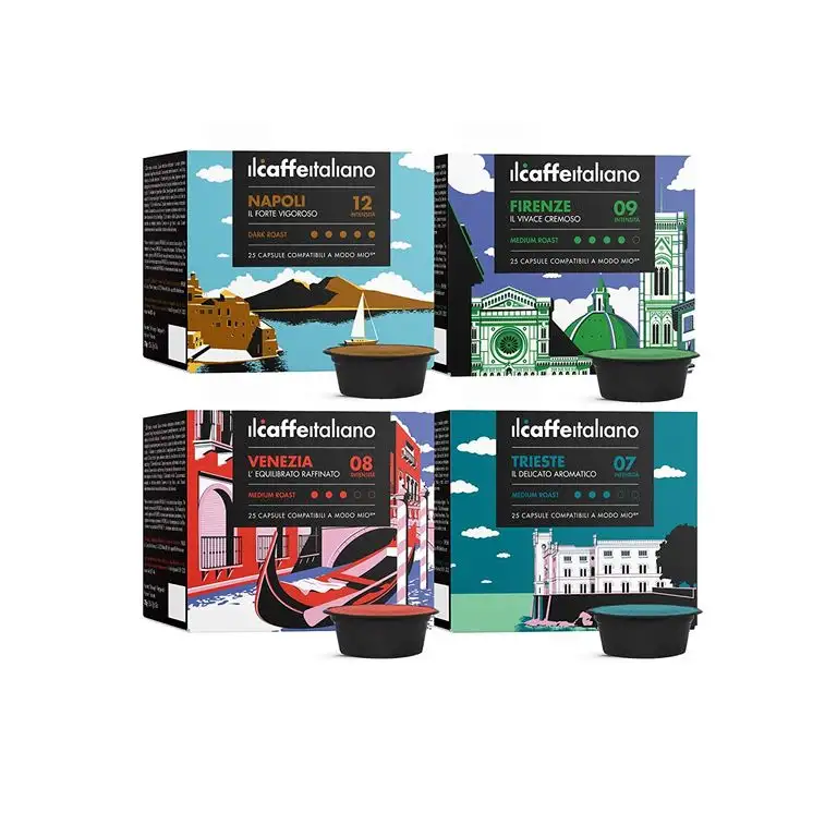 Il Caffè Italiano 100 Kaffeekapseln mit dem Lavazza A Modo Mio System kombpatible, Tasting-Set mit verschiedener Kaffeeintensität.
