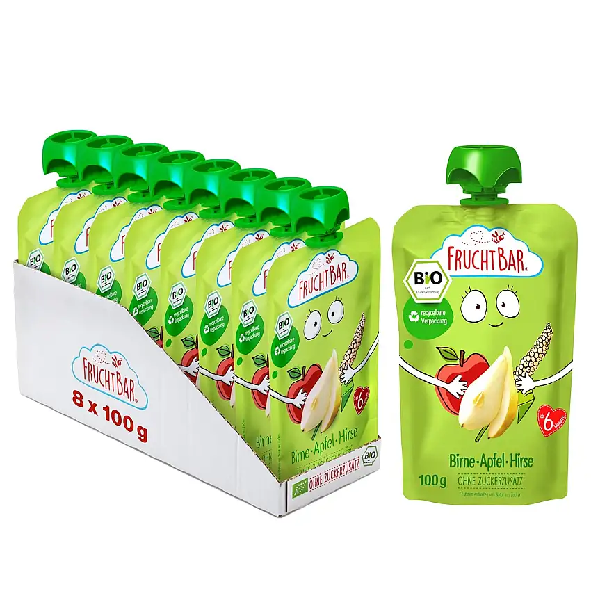FruchtBar Bio Questchie Birne, Apfel, Hirse, Frucht-Püree im Quetschbeutel für Babys ab 6 Monaten & Kinder, 8x 100g