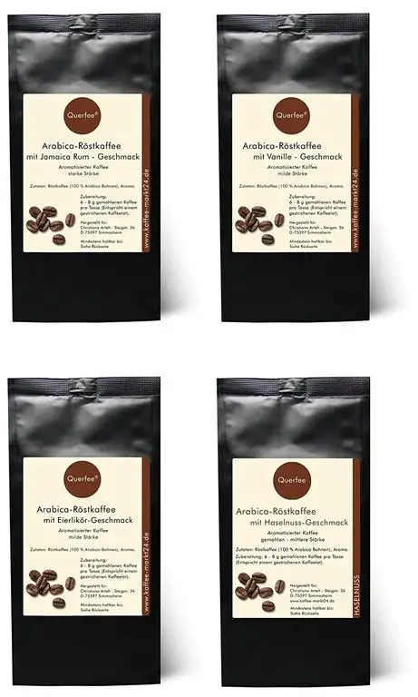 Kaffee Geschenk Set - 4 x Kaffee mit Geschmack als Probierset - Jamaica Rum, Vanille, Eierlikör, Haselnuss -Geschmack - Arabica Röstkaffee mit Aroma - gemahlen - 4 x 75 g (300 g insgesamt)