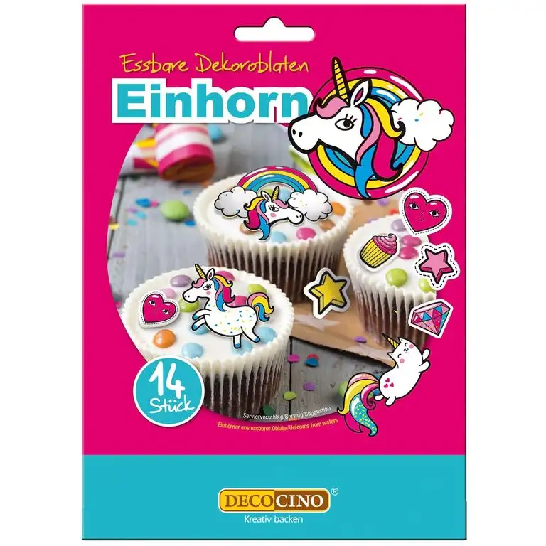 Dekoback DECOCINO Dekoroblaten – 14 Stück – essbares Dekor ideal zum Verzieren von Cupcakes Kuchen und Torten – Vegan glutenfrei laktosefrei, Einhorn, 9 g