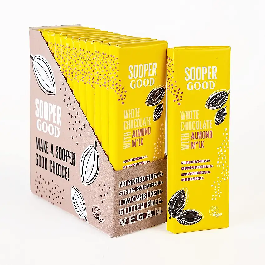 Weisse Schokolade ohne Zucker von Soopergood – mit Mandelmilch - Vegan – Glutenfrei - Low Carb – mit Stevia gesüßt - Keto Schokolade - Ohne Maltit – 12er Pack mit 40g Riegeln