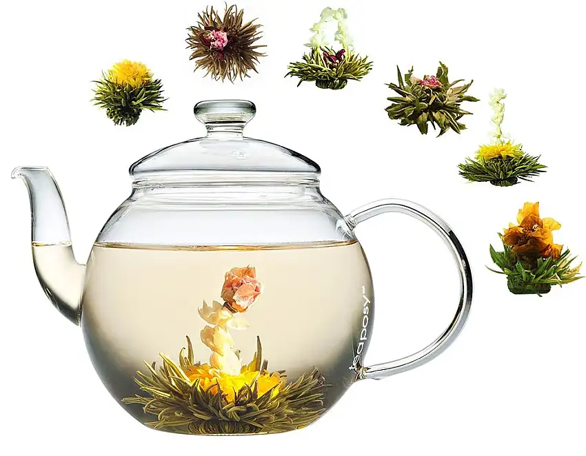 FLOURISH 6er WEISSTEE TEEBLUMEN GESCHENKSET zu WEIHNACHTEN: 1200ML TEEKANNE + 6x WEISSTEE-TEEROSEN / weißer Tee Teeblüten mit natürl. Blüten, Valentinstag by Feelino