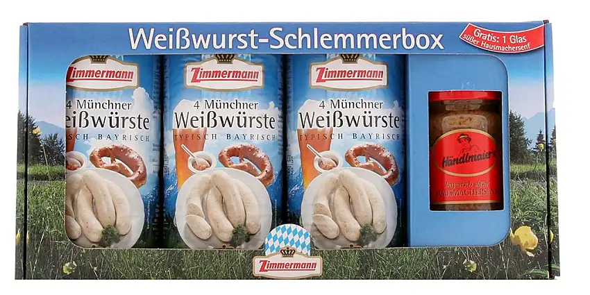 Zimmermann - Weißwurst Schlemmerbox inkl. Gratis-Senf inkl. Geschenkverpackung (3 Dosen & süßer Senf)