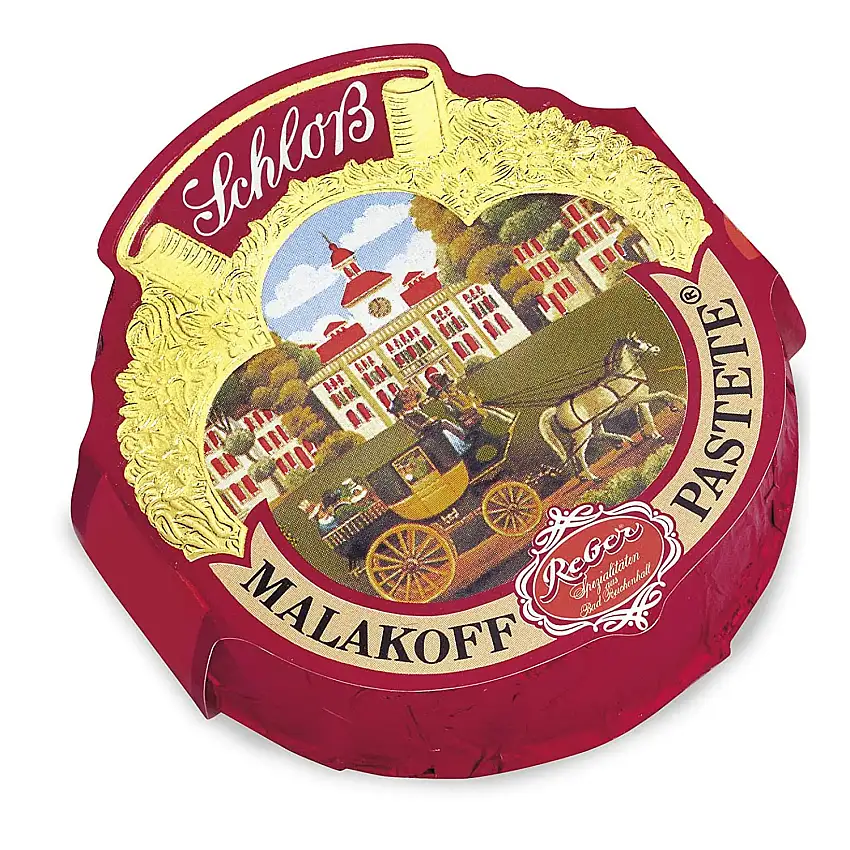Reber Schloss-Malakoff-Pastete, Zartbitter-Schokolade, Alkoholhaltig, Weinbrand-Trüffel, Marzipan, Sultanine, 9 Stück