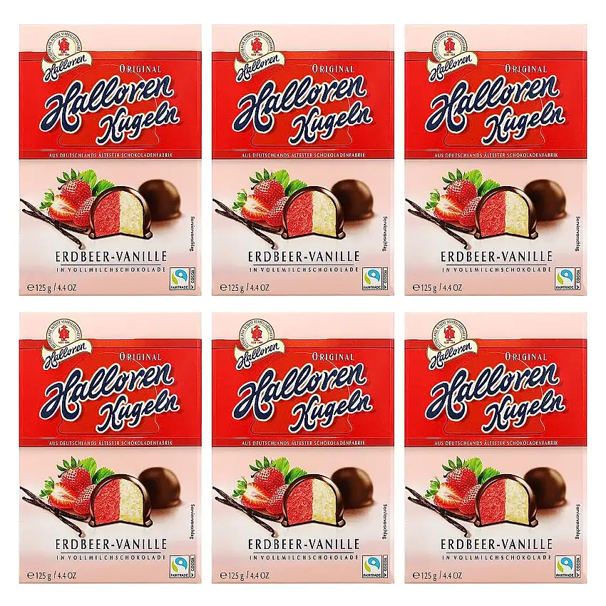 6er Pack Original Halloren Kugeln Erdbeer-Vanille (6 x 125 g) Hallorenkugeln Halloren Schokolade