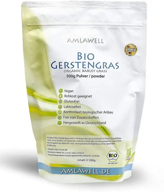 AMLAWELL Bio Gerstengras Pulver - 500 g veganes Bio Gerstengraspulver mit hohem Ballaststoffgehalt und Vitalstoffen
