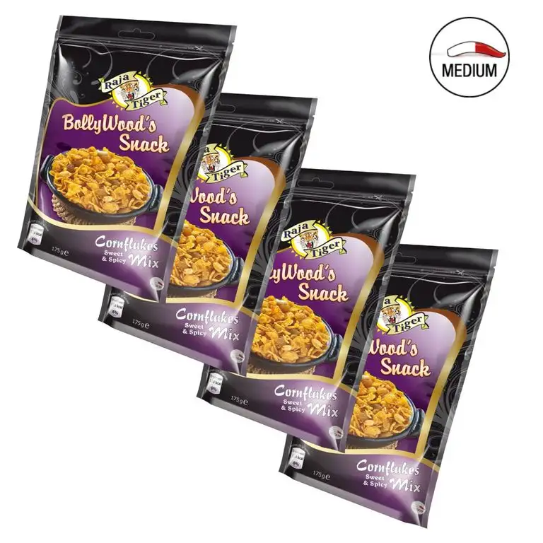 4x BollyWood's Snack Cornflakes Mix Sweet & Spicy von Raja Tiger, 175 Gramm, Authentisch nach original indischer Rezeptur- Erstmals in Europa - Die neue Bolly Chips Knabberei Langweilig war gestern