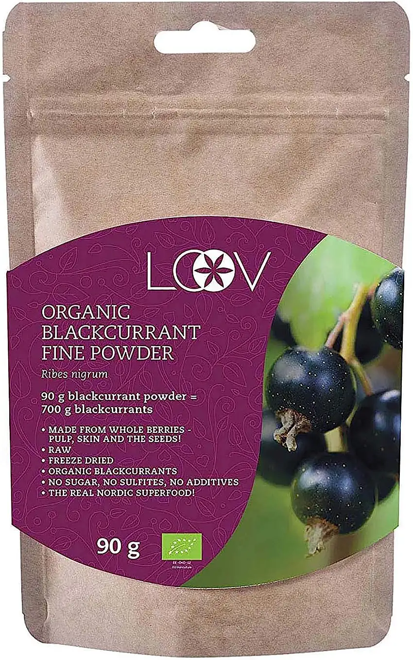 LOOV Bio Schwarze Johannisbeerpulver, aus 100% ganzen schwarzen Johannisbeeren, gefriergetrocknete und pulverisierte schwarze Bio Johannisbeeren, 90 g, aus Nordeuropa, ohne Zuckerzusatz