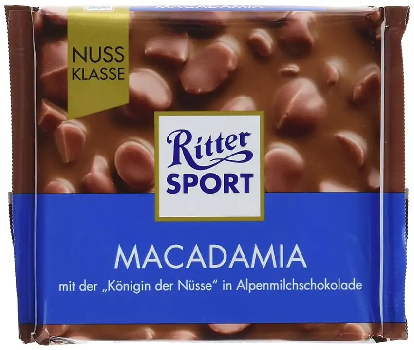 RITTER SPORT Macadamia (100 g), die "Königin der Nüsse" umhüllt von bester Vollmilchschokolade, Tafelschokolade, mit halben Macadamia-Nüssen