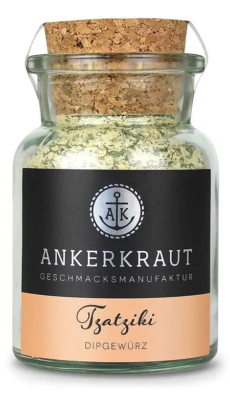 Ankerkraut Tzatziki, griechische Dip-Gewürzmischung für Mezedes, Kartoffelspalten, Brot, Gyros und Souvlaki, 100g im Korkenglas