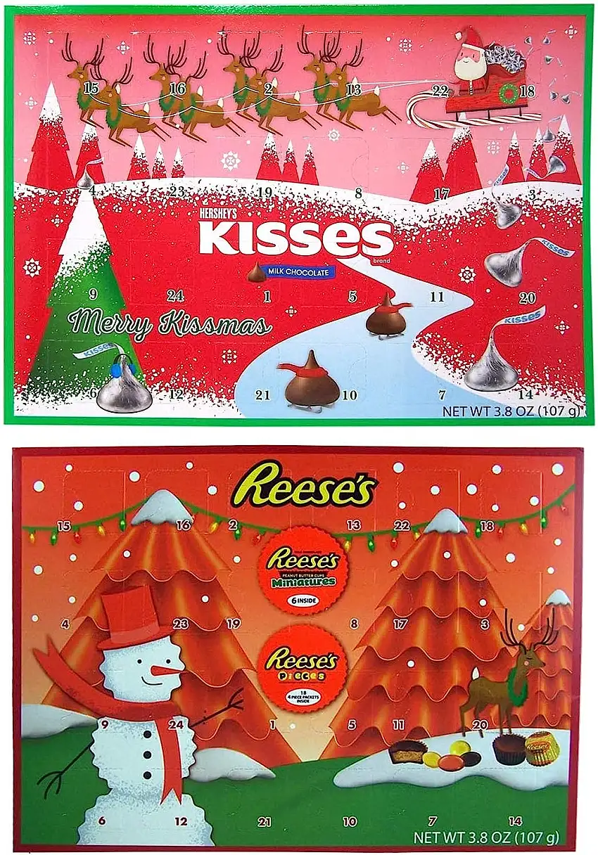 1 Hershey Milchschokolade Kisses, 1 Reeses Erdnussbutter Becher und Stücke Candy gefüllte 2019 Urlaub Adventskalender Countdown bis Weihnachten, 33 cm je – 2er-Set