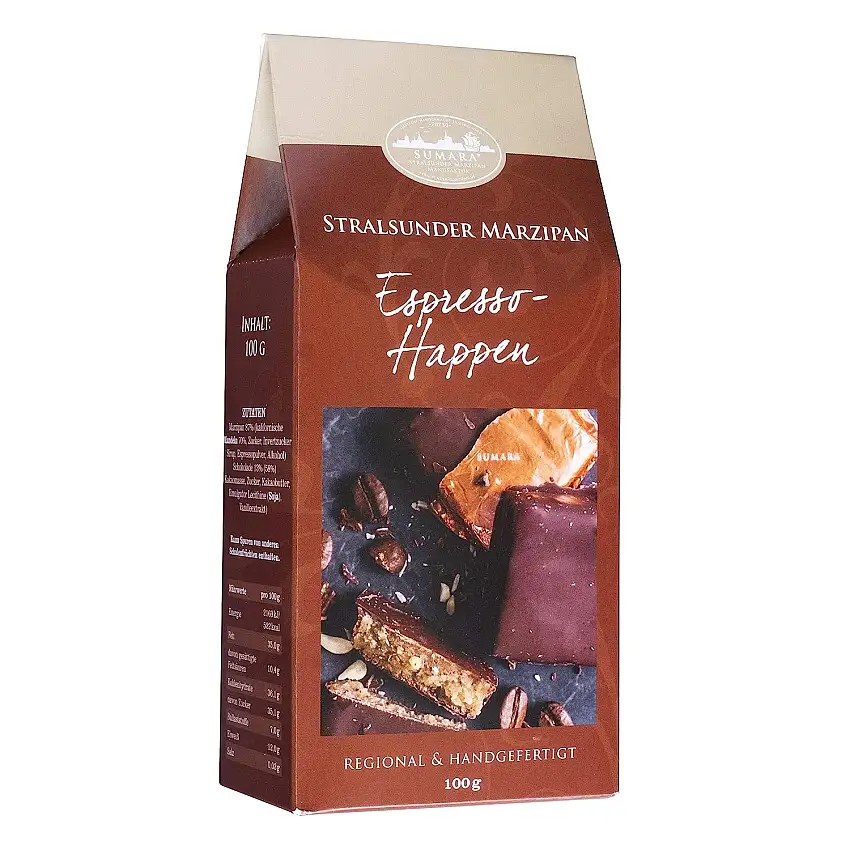 Stralsunder Marzipan Happen - Espresso-Happen mit Zartbitterschokolade - Espressobohnen aus pommern Röstung - Ideal als Geschenk