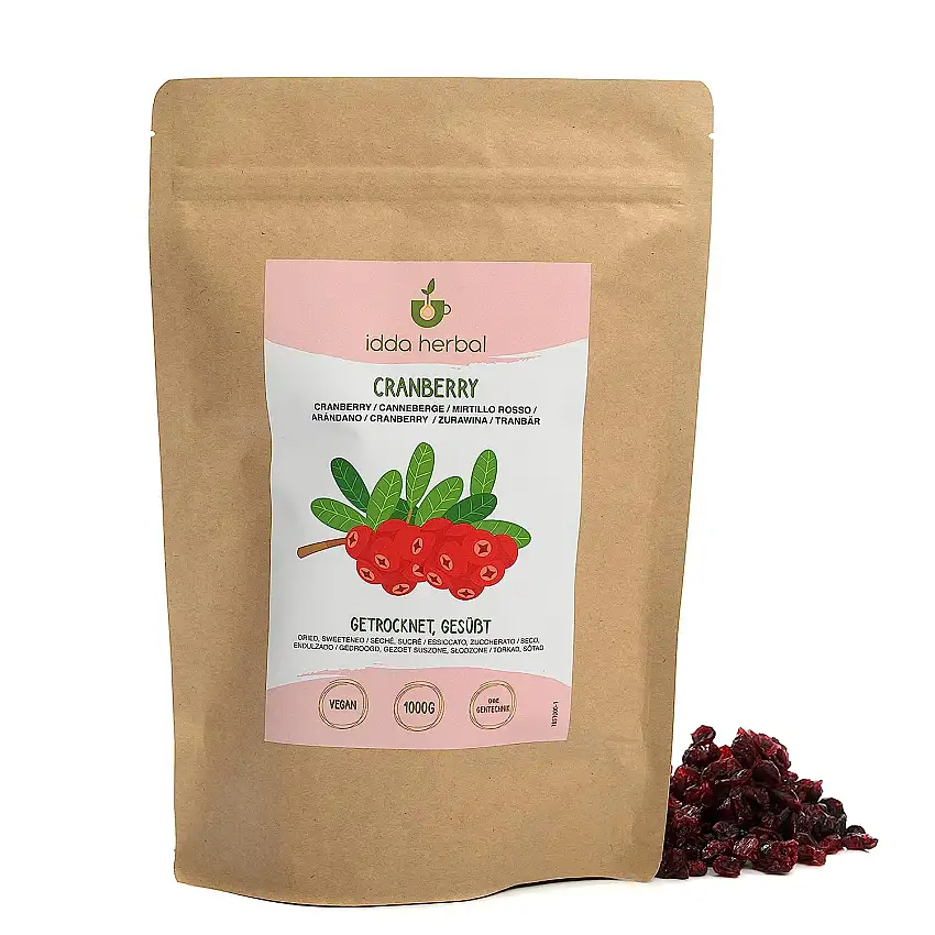 Cranberries getrocknet (1kg), Cranberry ohne künstliche Zusatzstoffe, leicht mit Fruchtsaft gesüßt, Trockenobst Snack