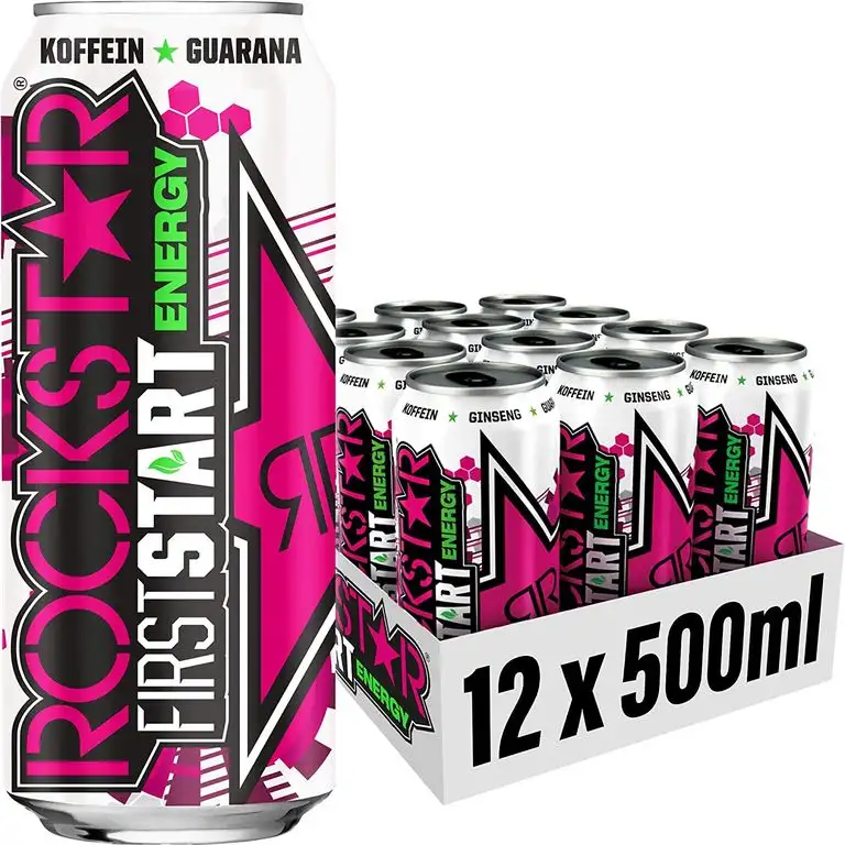 Rockstar Energy Drink First Start Mixed Berries - Koffeinhaltiges Erfrischungsgetränk für den Energie Kick am Morgen, EINWEG (12x 500ml)