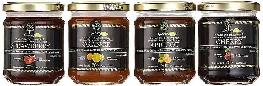 Geodi Fruchtaufstriche mit 70% Fruchtanteil, ohne Zuckerzusatz (60% weniger Zucker als Marmelade) 4 Sorten a 225g: Erdbeer, Aprikose, Kirsch, Orange (4*225g)