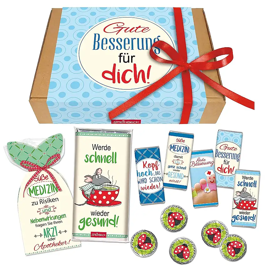 STEINBECK Gute Besserung Geschenkbox Geschenk Süße Medizin Mitbringsel Präsentkorb Geschenkkorb Geschenkset Schokolade Fruchtgummi Krankenbesuch Erkältung Genesungswünsche