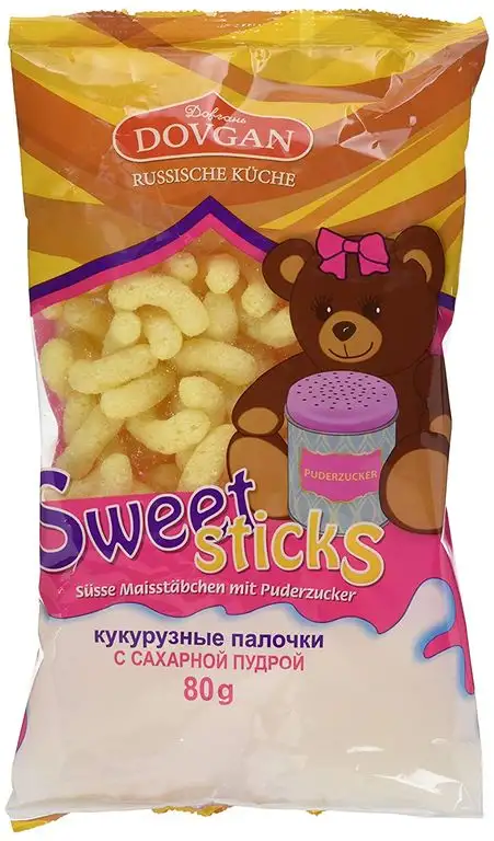 Dovgan Süße Maisstäbchen mit Puderzucker, 12er Pack (12 x 80 g)