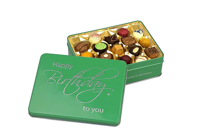 Präsentdose "Happy Birthday" 210g, Manufakturqualität!, handgefertigt von den Konditoren der Confiserie Rabbel...für ein Lächeln mehr am Tag